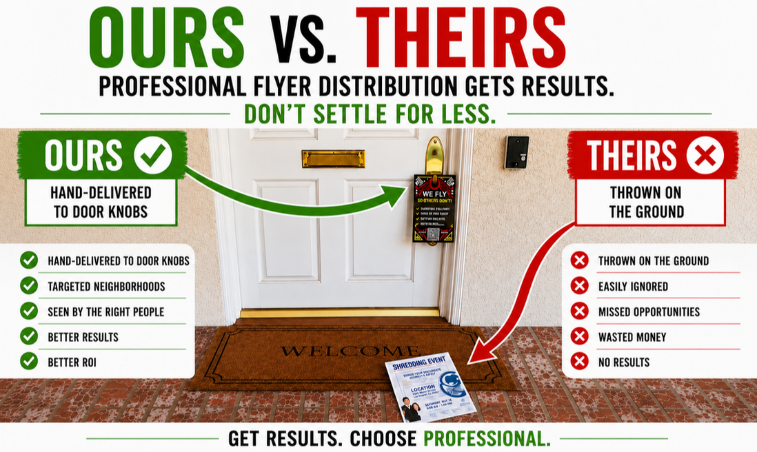 Professional flyer distribution: hand-delivered to door knobs compared with flyers thrown on the ground